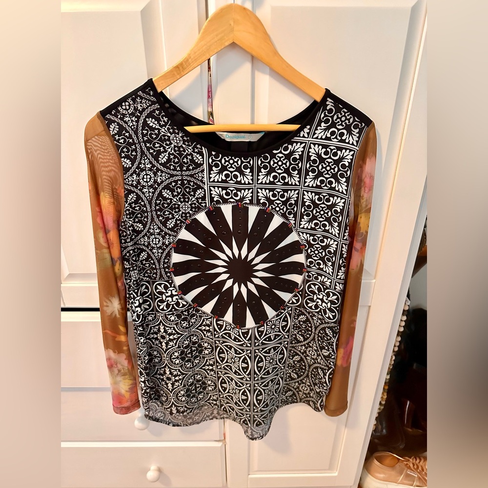 Desigual Long Sleeve Mesh Colorful Paisley Beaded Blouse